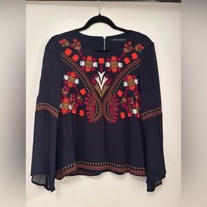 French Connection Navy Floral Embroidered  Blouse Sheer Long Bell Sleeves Boho
